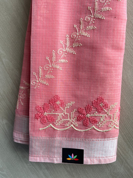 Salmon Pink Floral Embroidered Kota Cotton Saree - 35614