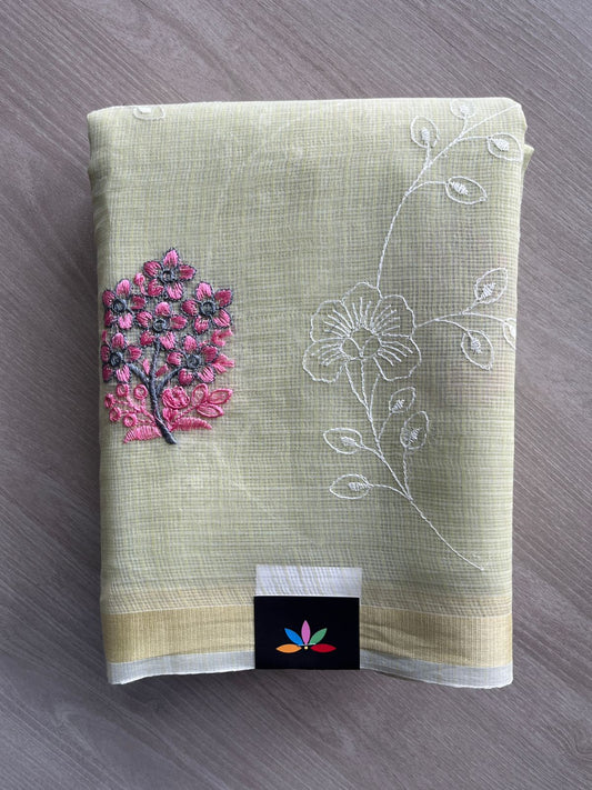 Ivory Floral Embroidered Kota Cotton Saree - 35615