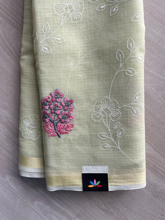 Ivory Floral Embroidered Kota Cotton Saree - 35615