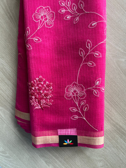 Bright Pink Floral Embroidered Kota Cotton Saree - 35617