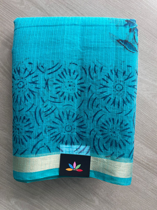 Aqua Blue Simple Printed Blended Kota Saree - 35625