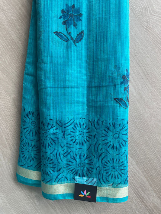 Aqua Blue Simple Printed Blended Kota Saree - 35625