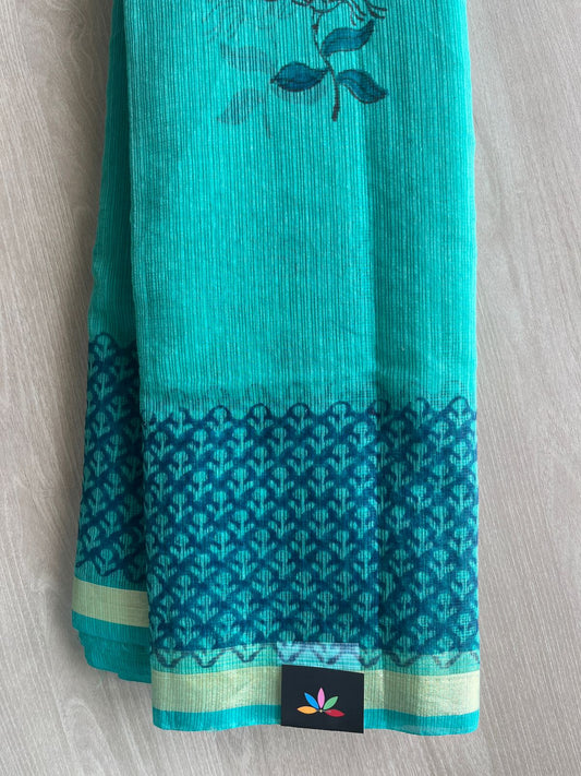 Maximum Blue Green Simple Printed Blended Kota Saree - 35628