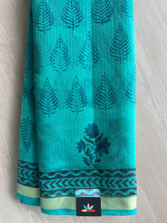 Maximum Blue Green Simple Printed Blended Kota Saree - 35631