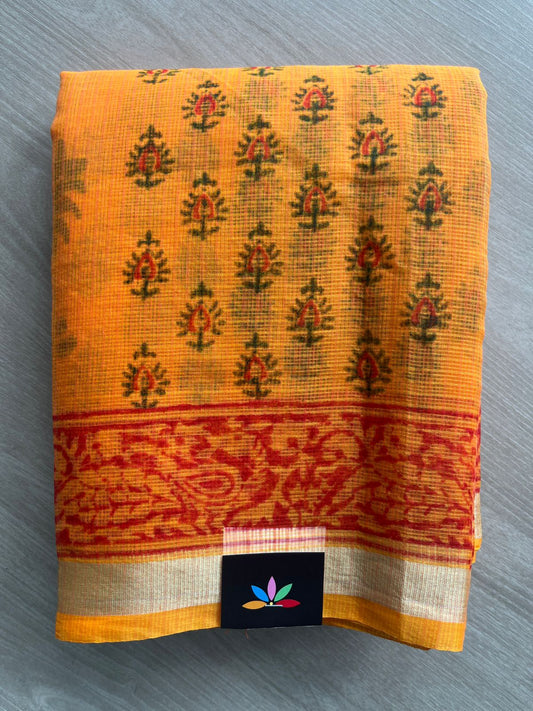 Yellow-Orange Shade Simple Printed Blended Kota Saree - 35634