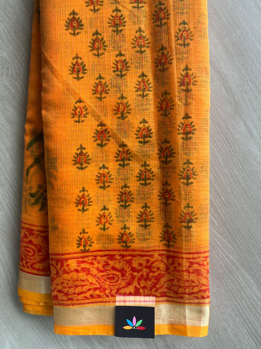 Yellow-Orange Shade Simple Printed Blended Kota Saree - 35634