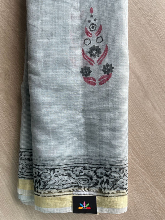 Light Blue Grey Simple Printed Blended Kota Saree - 35635