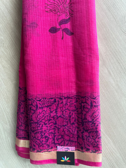 Neon Pink Simple Printed Blended Kota Saree - 35637