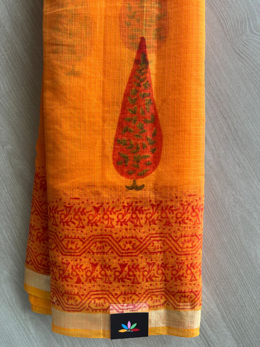 Bright Orange Simple Printed Blended Kota Saree - 35643