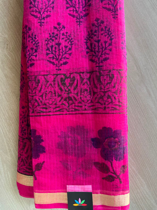 Bright Pink Simple Printed Blended Kota Saree - 35650