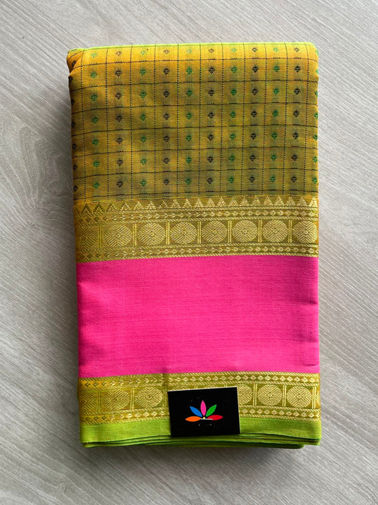 Handwoven Lakshadeepam Kanchi Silk Cotton Saree (Yellow Green) -8935