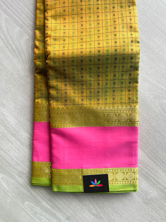 Handwoven Lakshadeepam Kanchi Silk Cotton Saree (Yellow Green) -8935