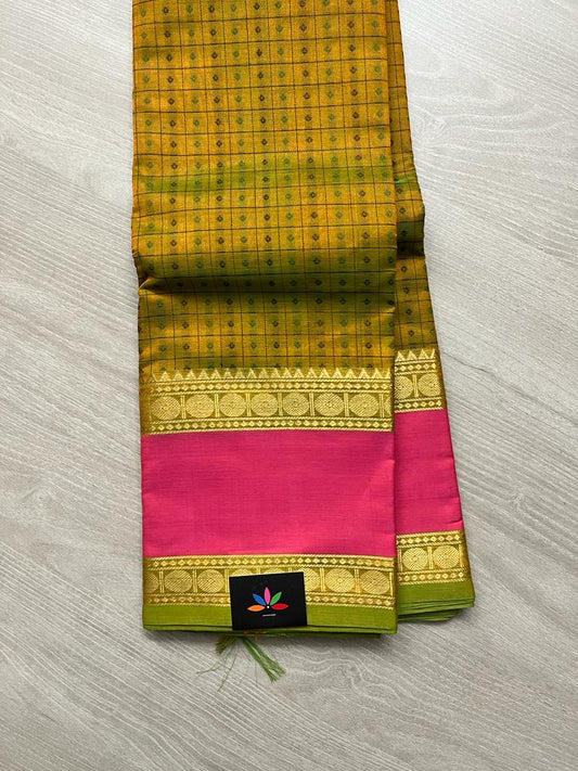 Handwoven Lakshadeepam Kanchi Silk Cotton Saree (Yellow Green) -8935