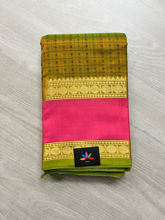 Handwoven Lakshadeepam Kanchi Silk Cotton Saree (Yellow Green) -8935