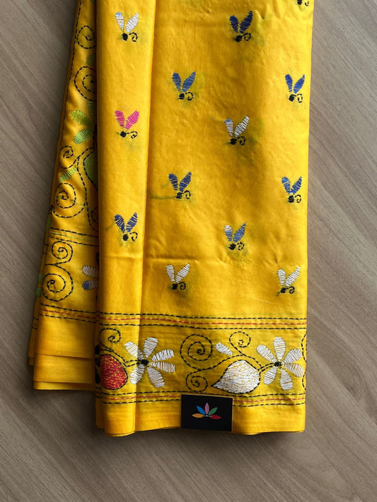 Partly Pallu Kantha Hand Stitched Blended Bangalore Silk Saree -19540