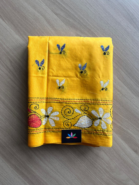 Partly Pallu Kantha Hand Stitched Blended Bangalore Silk Saree -19540