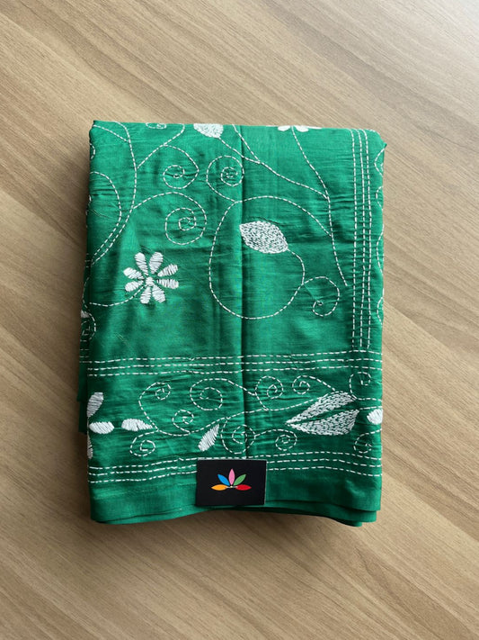 Partly Pallu Kantha Hand Stitched Blended Bangalore Silk Saree -19547