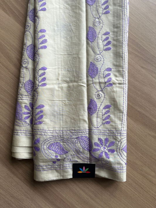 Partly Pallu Kantha Hand Stitched Blended Bangalore Silk Saree -19548