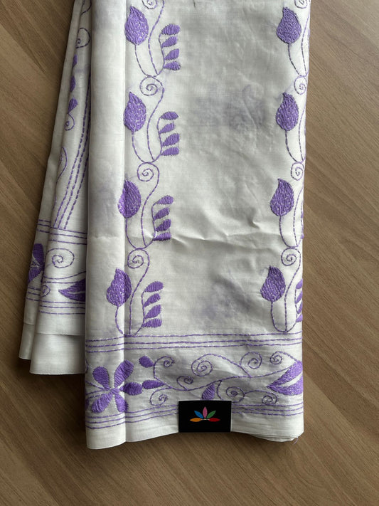 Partly Pallu Kantha Hand Stitched Blended Bangalore Silk Saree -19551