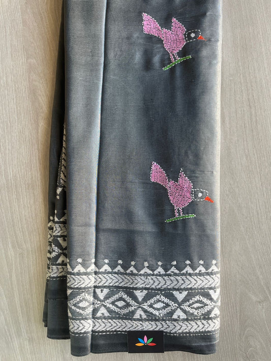 Kantha Stitch Semi Bangalore Silk Saree - 28915