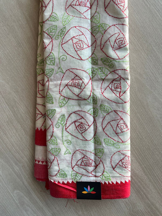 Off White Kantha Stitch Cotton Saree (without Blouse) - 31589_31590