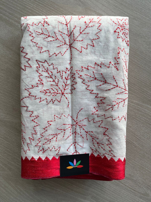 Off White Kantha Stitch Cotton Saree (without Blouse) - 31591_31592