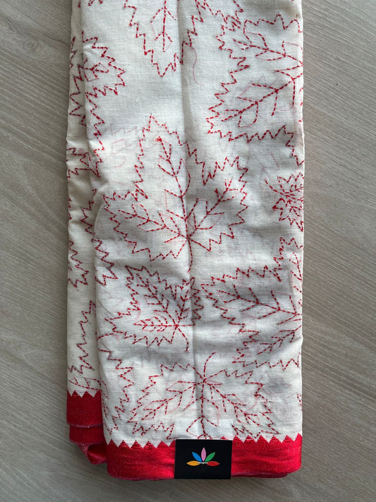Off White Kantha Stitch Cotton Saree (without Blouse) - 31591_31592
