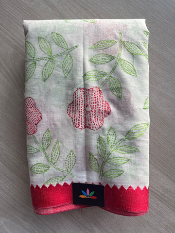 Off-White Kantha Stitch Cotton Saree (without Blouse) - 31723