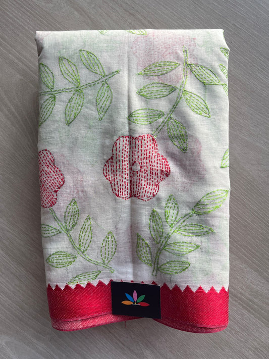 Off-White Kantha Stitch Cotton Saree (without Blouse) - 31723