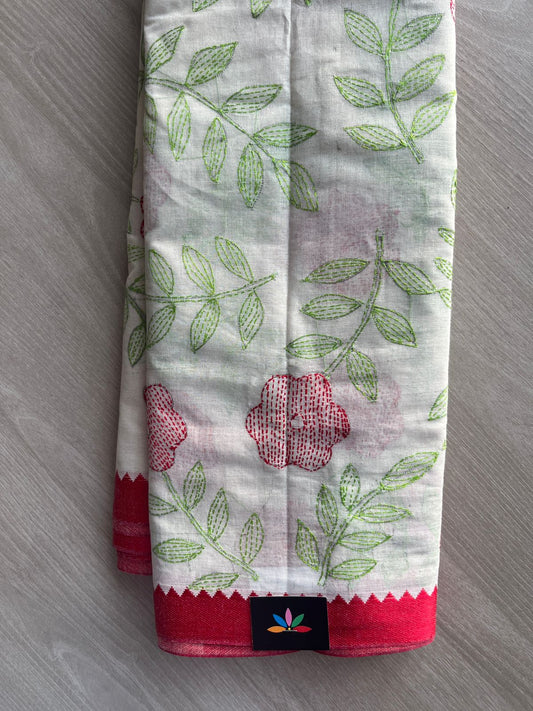 Off-White Kantha Stitch Cotton Saree (without Blouse) - 31723