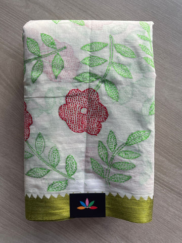 Off-White Kantha Stitch Cotton Saree (without Blouse) - 31724