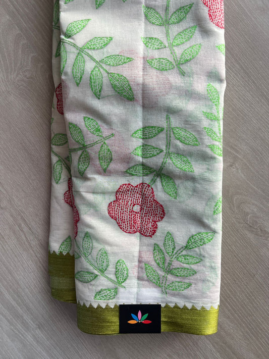 Off-White Kantha Stitch Cotton Saree (without Blouse) - 31724