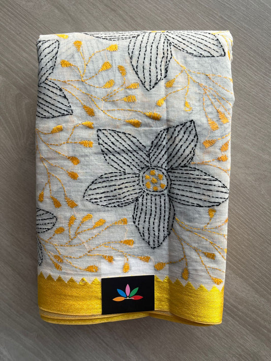 Off-White Kantha Stitch Cotton Saree (without Blouse) - 31725