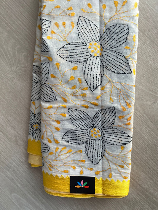 Off-White Kantha Stitch Cotton Saree (without Blouse) - 31725