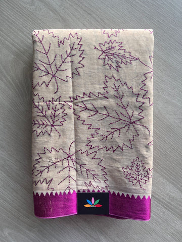 Warm Ivory Kantha Stitch Cotton Saree (without Blouse) - 31727
