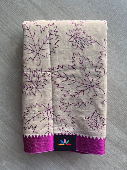Warm Ivory Kantha Stitch Cotton Saree (without Blouse) - 31727