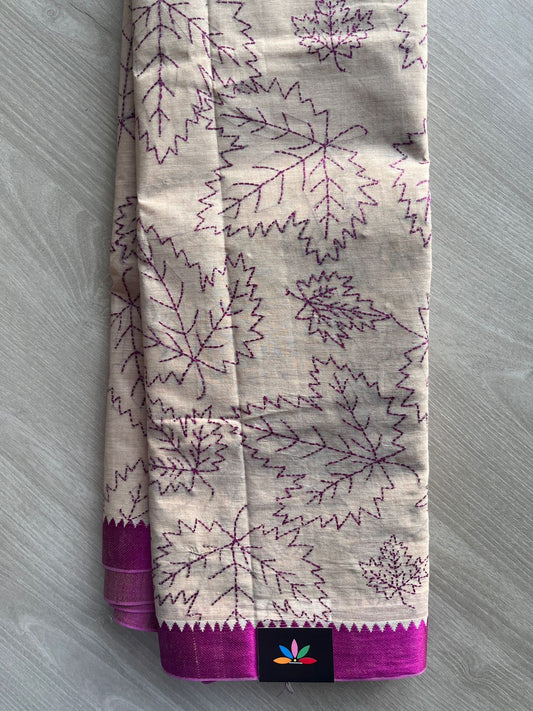 Warm Ivory Kantha Stitch Cotton Saree (without Blouse) - 31727