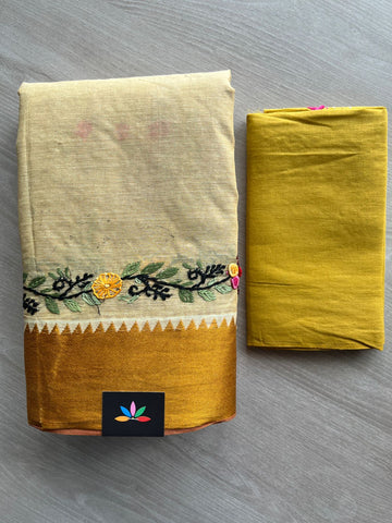 Honey Beige Contrast Border Hand Embroidered Cotton Saree - 32285