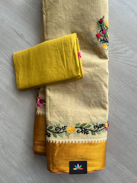 Honey Beige Contrast Border Hand Embroidered Cotton Saree - 32285