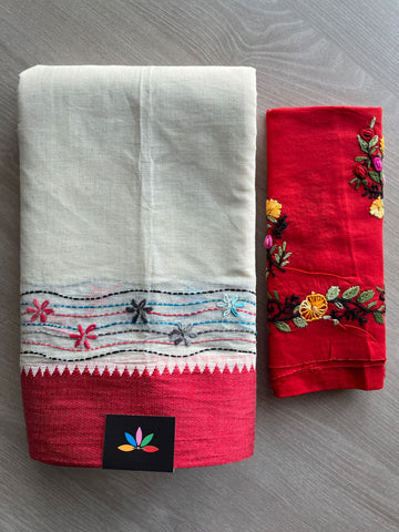 Off-White Contrast Border Hand Embroidered Cotton Saree - 32288
