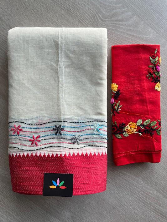 Off-White Contrast Border Hand Embroidered Cotton Saree - 32288