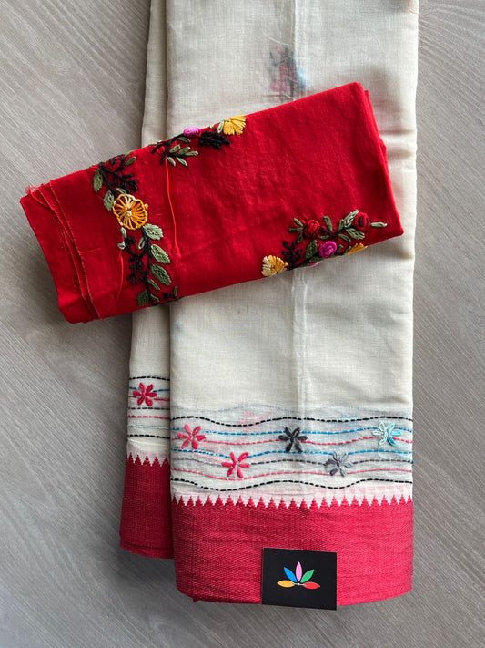 Off-White Contrast Border Hand Embroidered Cotton Saree - 32288