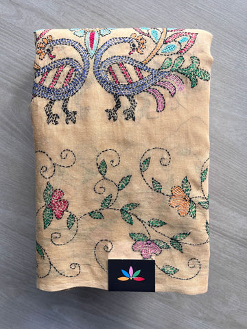 Honey Beige Hand Embroidered Cotton Saree (Without Blouse) - 32289