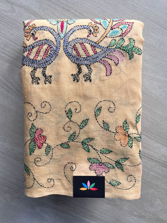 Honey Beige Hand Embroidered Cotton Saree (Without Blouse) - 32289
