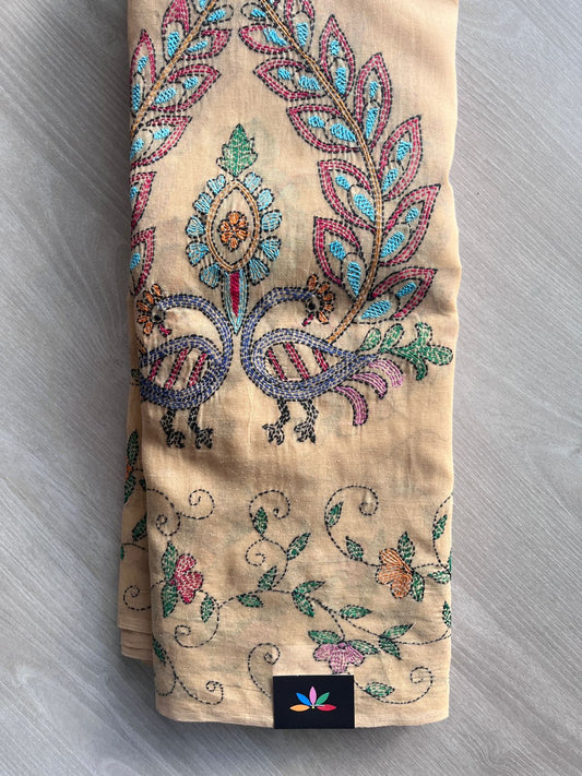 Honey Beige Hand Embroidered Cotton Saree (Without Blouse) - 32289