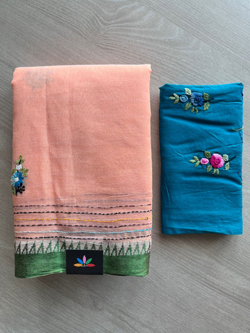 Peachy Pink Contrast Border Hand Embroidered Cotton Saree - 32291