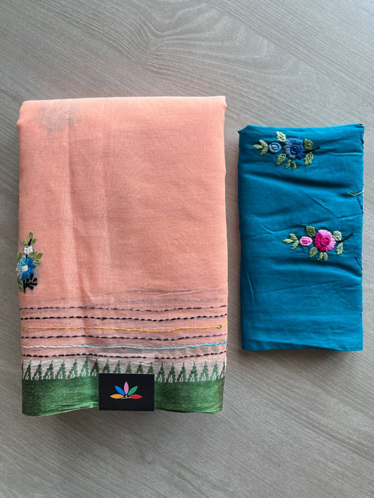 Peachy Pink Contrast Border Hand Embroidered Cotton Saree - 32291