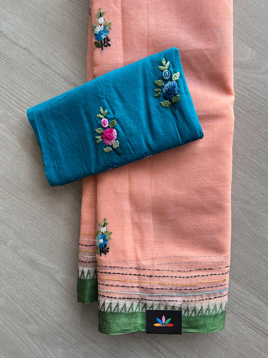 Peachy Pink Contrast Border Hand Embroidered Cotton Saree - 32291