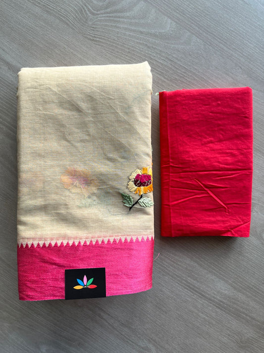Light Beige Contrast Border Hand Embroidered Cotton Saree - 32292
