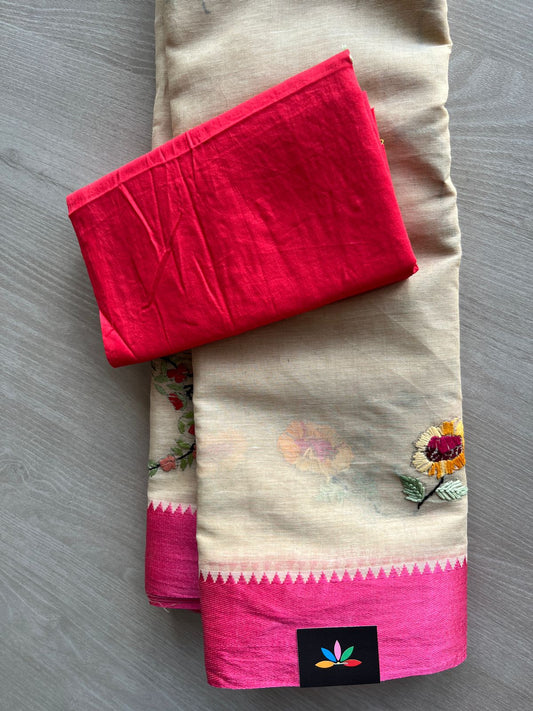 Light Beige Contrast Border Hand Embroidered Cotton Saree - 32292